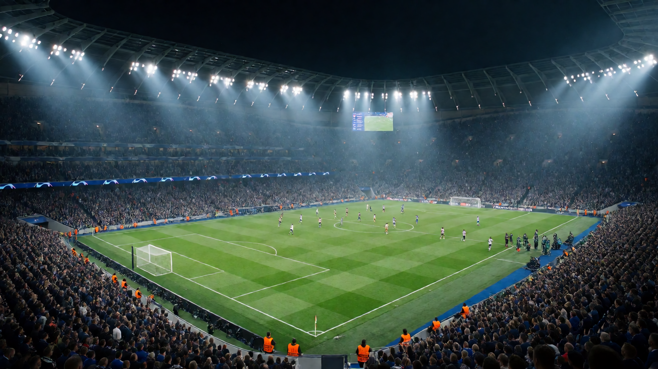 足球赛事现场球场全景与灯光氛围